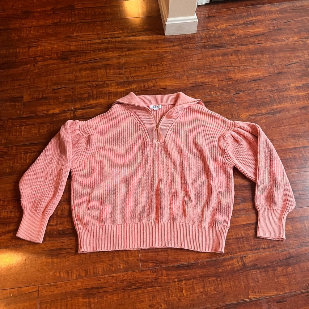 525 America half zip sweater 100% cotton puff sleeves dolman pink coral medium